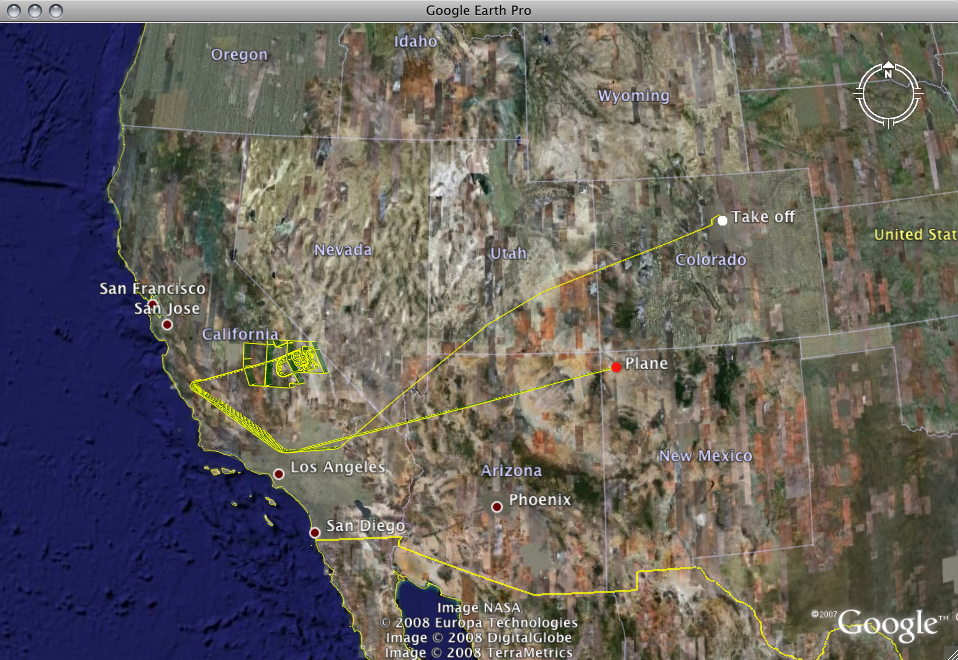 Screenshot of flight tracking in Google Earth.